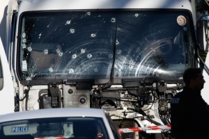 Bullet imacts are seen on the heavy truck the day after it ran into a crowd at high speed killing scores celebrating the Bastille Day July 14 national holiday on the Promenade des Anglais in Nice, France, July 15, 2016.      REUTERS/Eric Gaillard